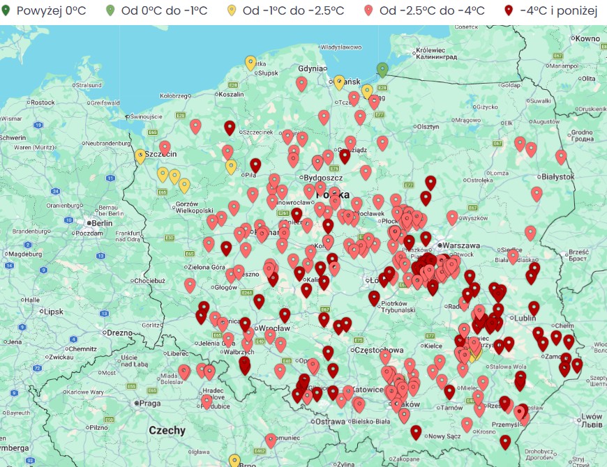 Mapa 2. Prognoza wystąpienia przymrozków na bazie mokrego termometru w dniach 28-30 kwiecień